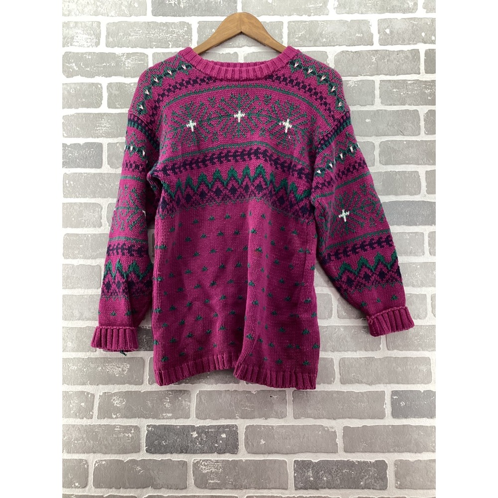 Allison Smith Vintage Fair Isle Knit Sweater Magenta Green Cotton Blend Small